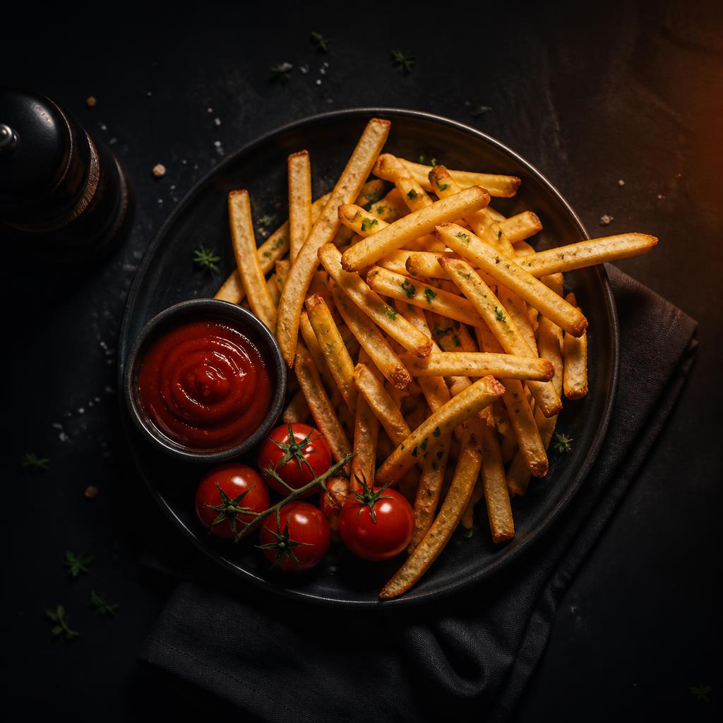 Plate of french fries with tomatoes analyzed by MyFoodKiller